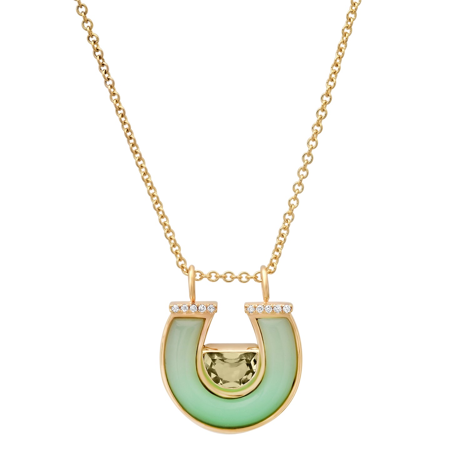 Sig Ward Jewelry 14K Yellow Gold Prasolite, Chrysoprase and Diamond Horseshoe Necklace
