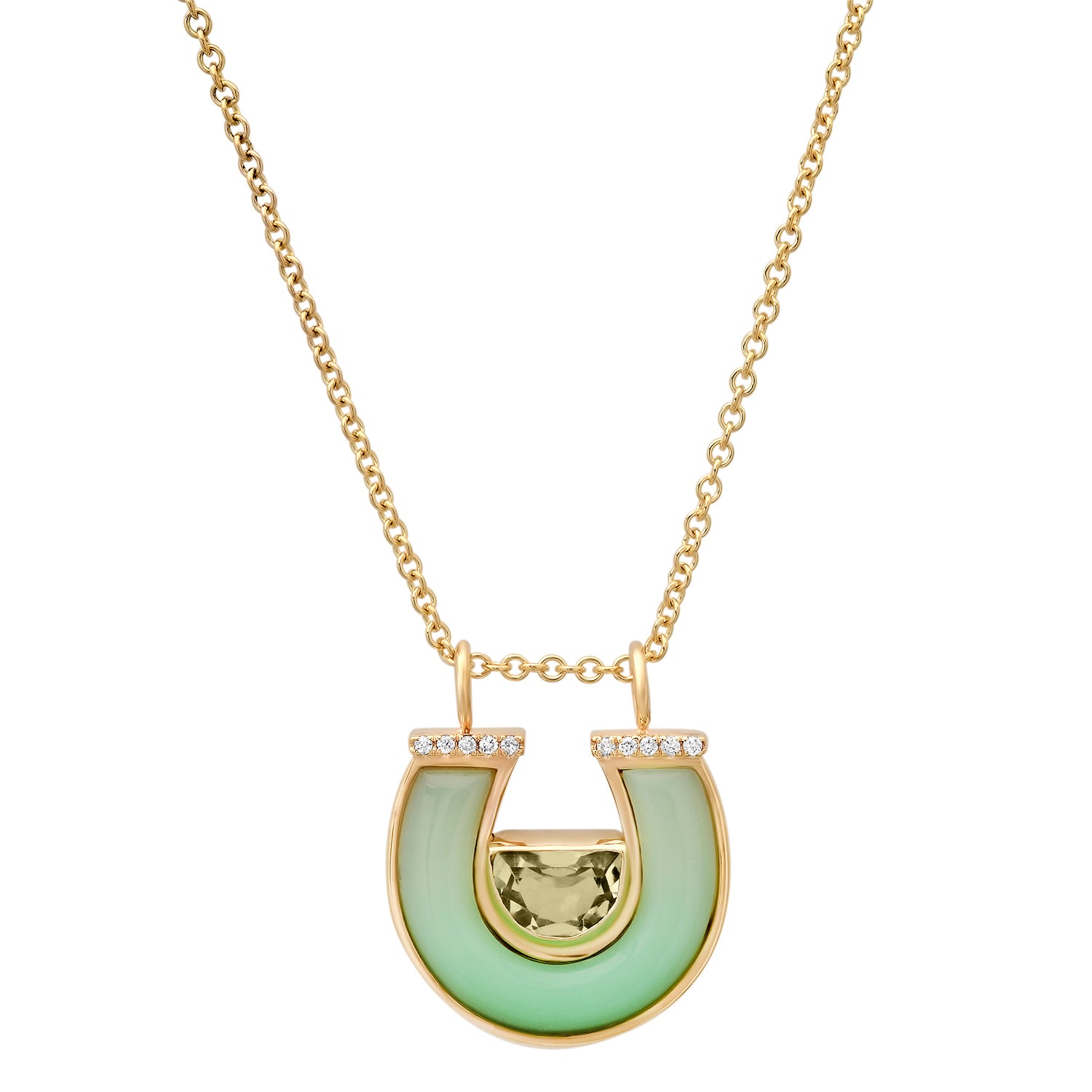 Sig Ward Jewelry 14K Yellow Gold Prasolite, Chrysoprase and Diamond Horseshoe Necklace
