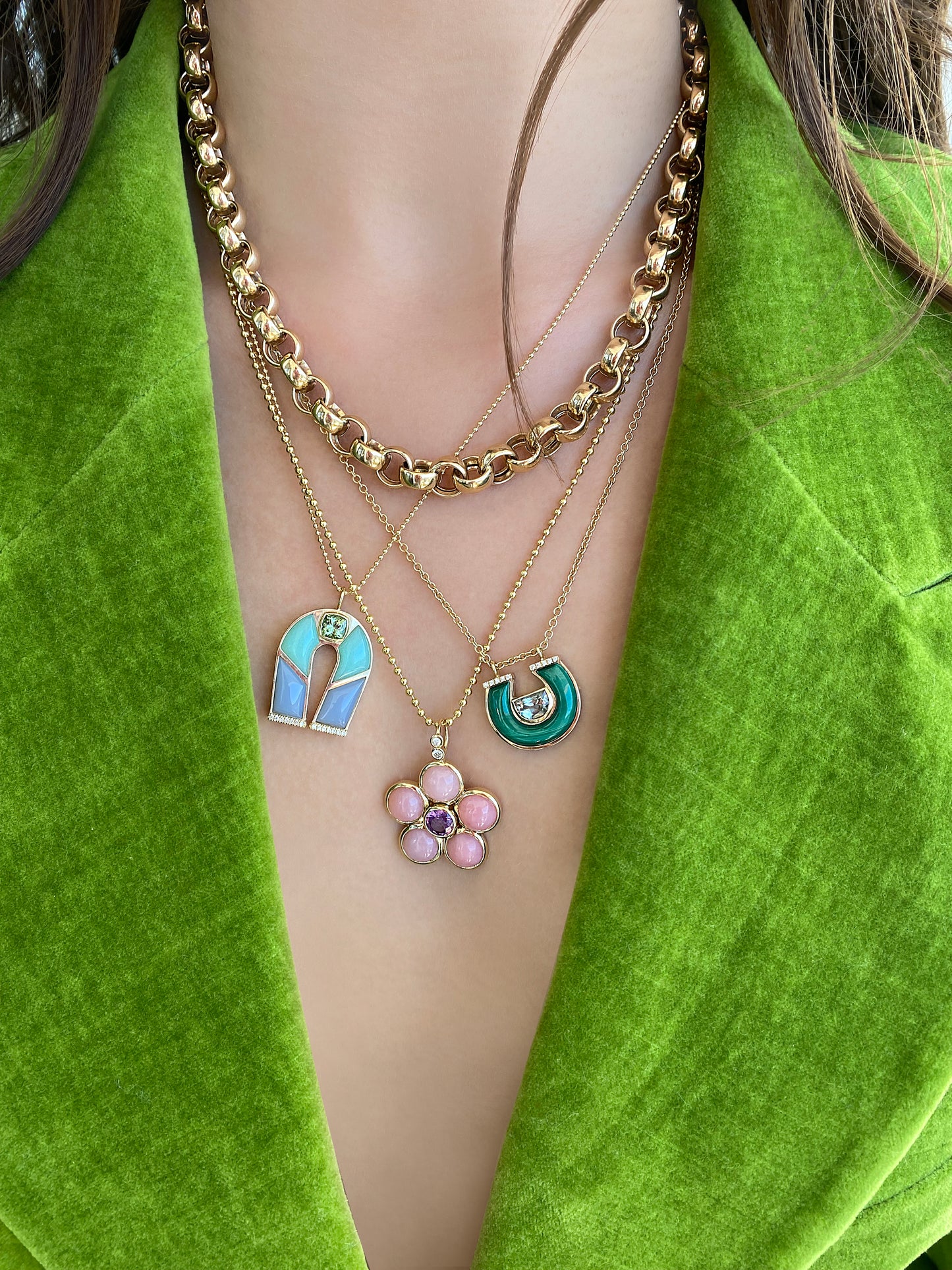 Sig Ward Jewelry 14K yellow gold Prasolite, Malachite and Diamond Horseshoe Necklace featuring natural prasolite, malachite, and diamond accents in a handcrafted luxury fine jewelry design inspired by modern heirlooms and the symbolic horseshoe motif.
