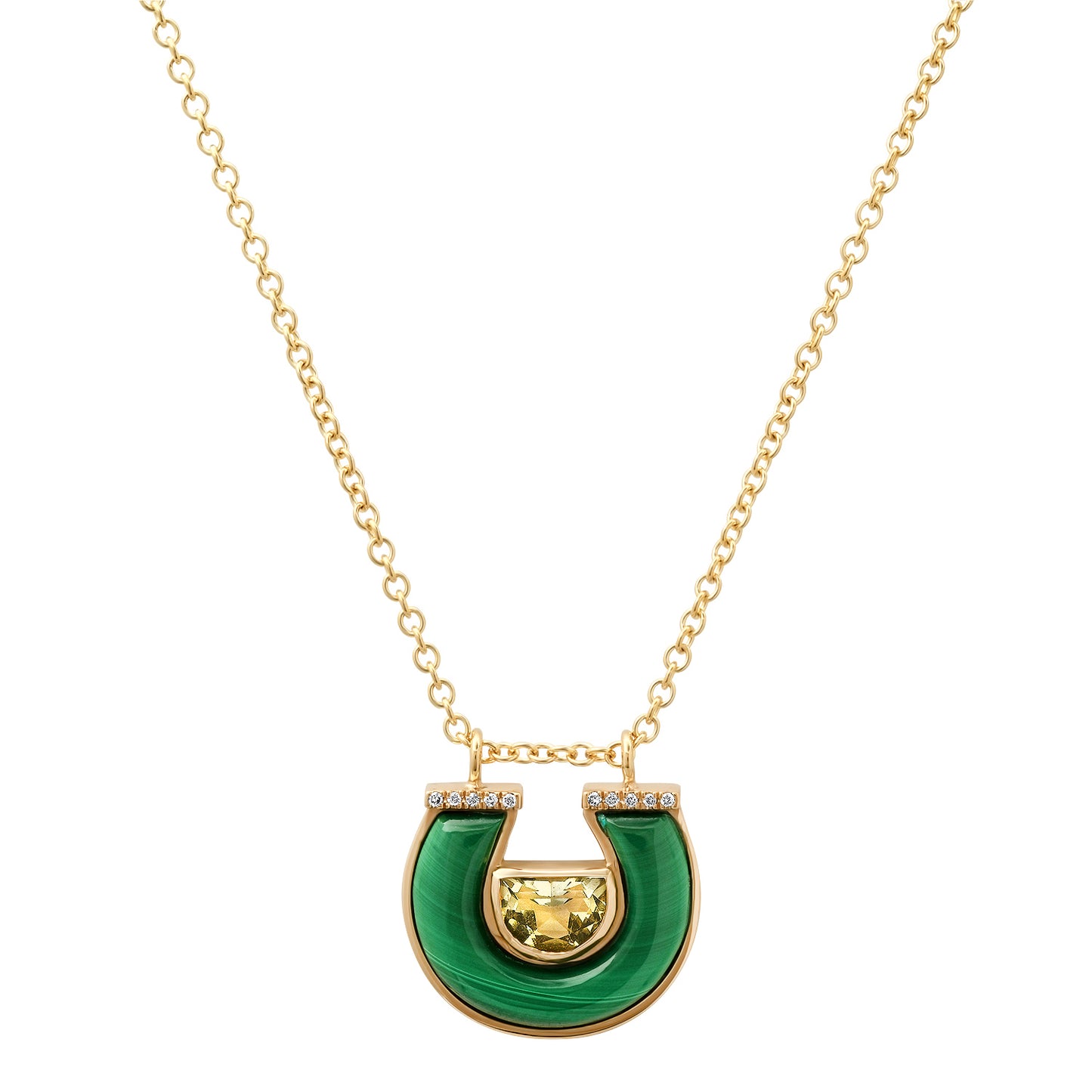 14K Yellow Gold Horseshoe Necklace Featuring Prasolite, Malachite, And Diamond Accents By Sig Ward Jewelry.
