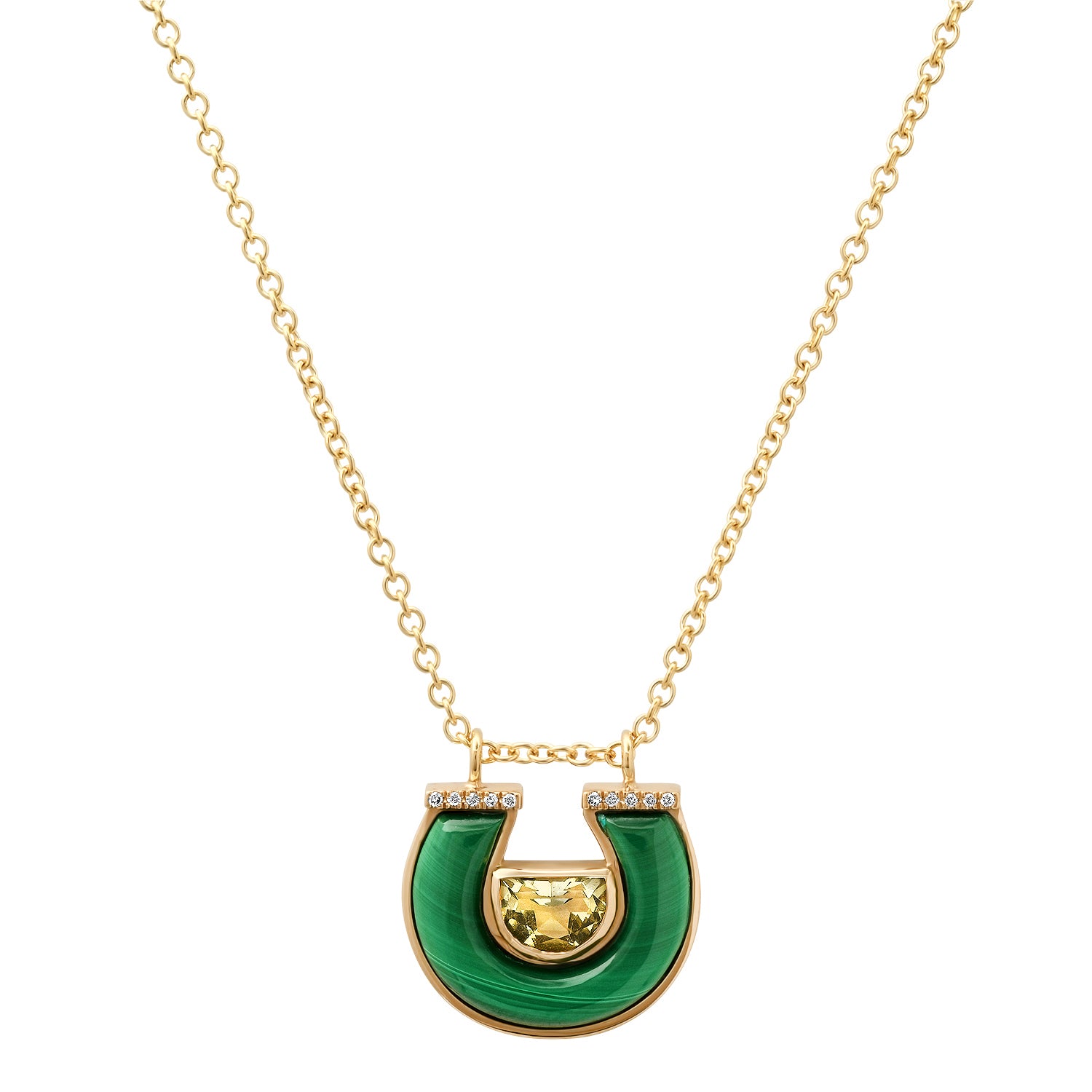 14K Yellow Gold Horseshoe Necklace Featuring Prasolite, Malachite, And Diamond Accents By Sig Ward Jewelry.