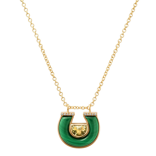 14K Yellow Gold Horseshoe Necklace Featuring Prasolite, Malachite, And Diamond Accents By Sig Ward Jewelry.