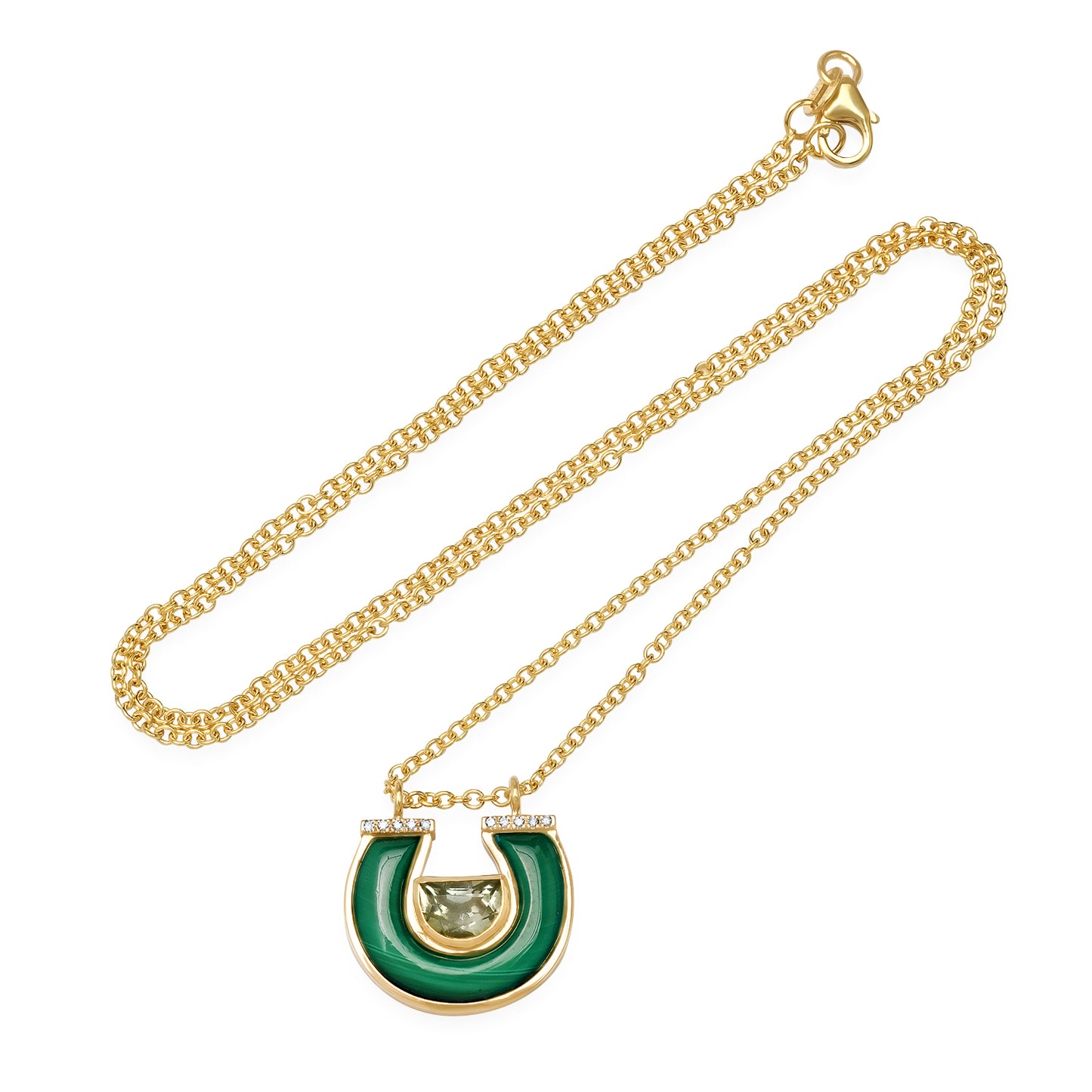 14K Yellow Gold Horseshoe Necklace Featuring Prasolite, Malachite, And Diamond Accents By Sig Ward Jewelry.