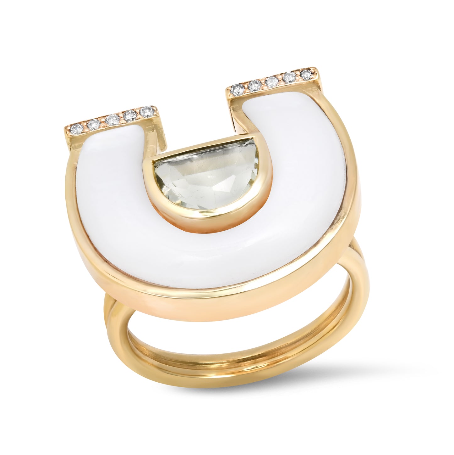 Front view of the 14K yellow gold Prasiolite, White Mother of Pearl, and Diamond Horseshoe Ring by Sig Ward Jewelry, featuring a natural prasiolite gemstone, white mother of pearl, and diamond accents in a modern horseshoe design.