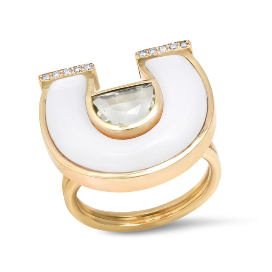 Front view of the 14K yellow gold Prasiolite, White Mother of Pearl, and Diamond Horseshoe Ring by Sig Ward Jewelry, featuring a natural prasiolite gemstone, white mother of pearl, and diamond accents in a modern horseshoe design.