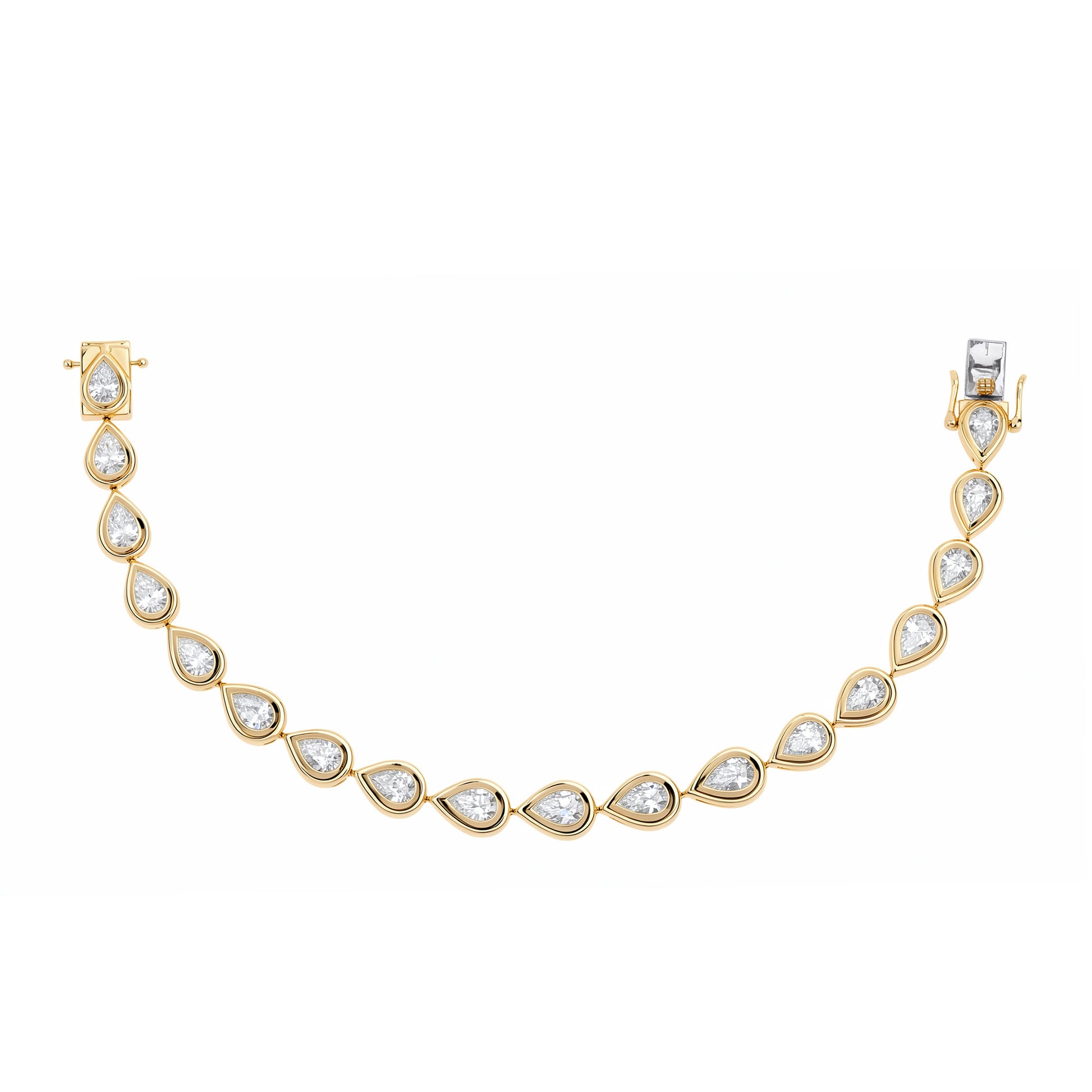 Close-up of the 14K yellow gold Raya pear-shaped diamond tennis bracelet featuring graduated pear-cut white diamonds by Sig Ward Jewelry.