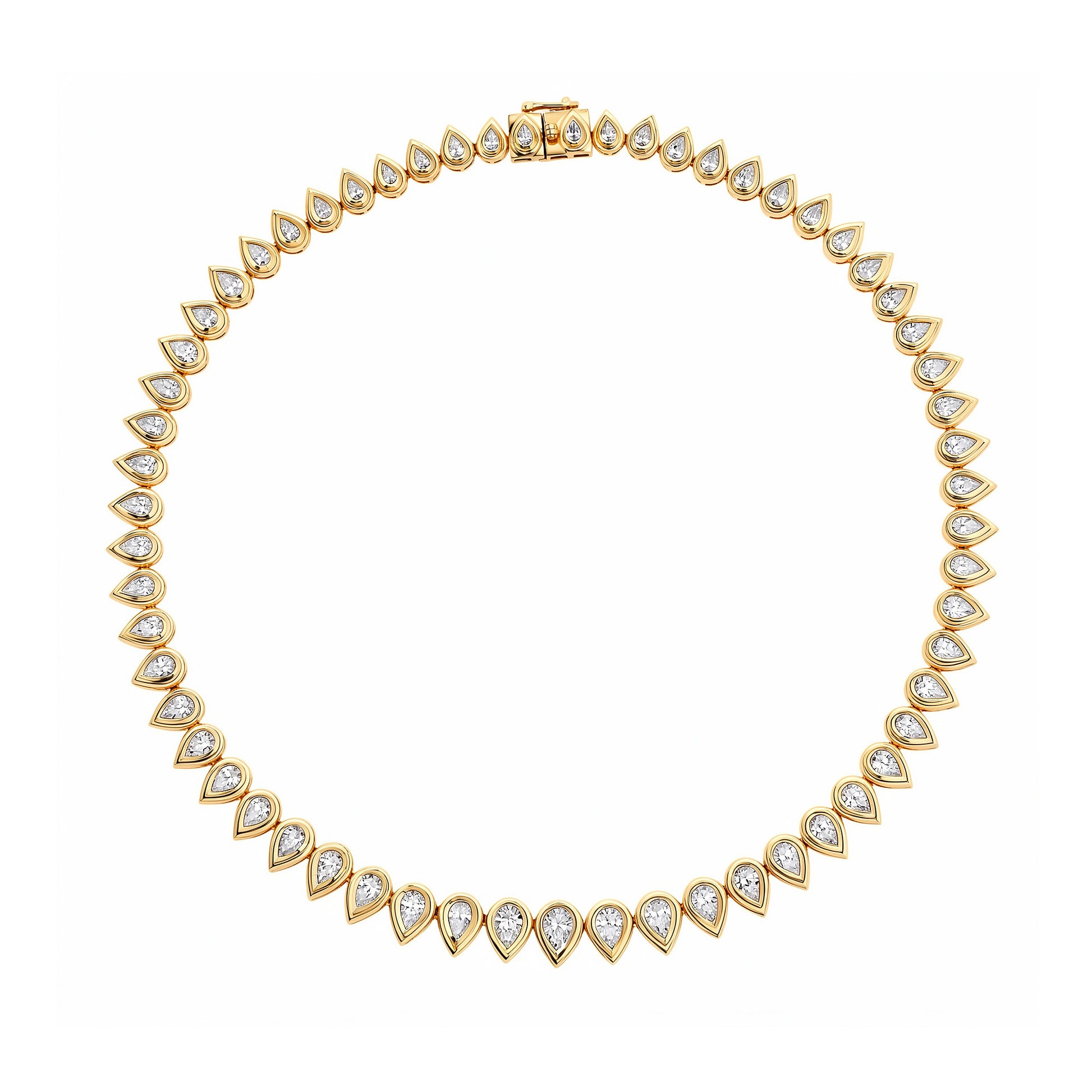 Close-up of the 14K yellow gold Raya pear-shaped diamond tennis necklace featuring graduated pear-cut white diamonds by Sig Ward Jewelry.