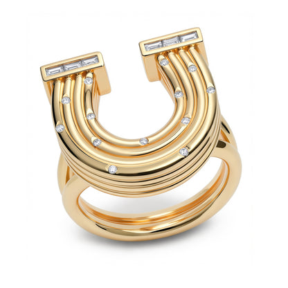 Sig Ward Jewelry Gold Horseshoe ring with a reeded design and inset diamonds on a white background.