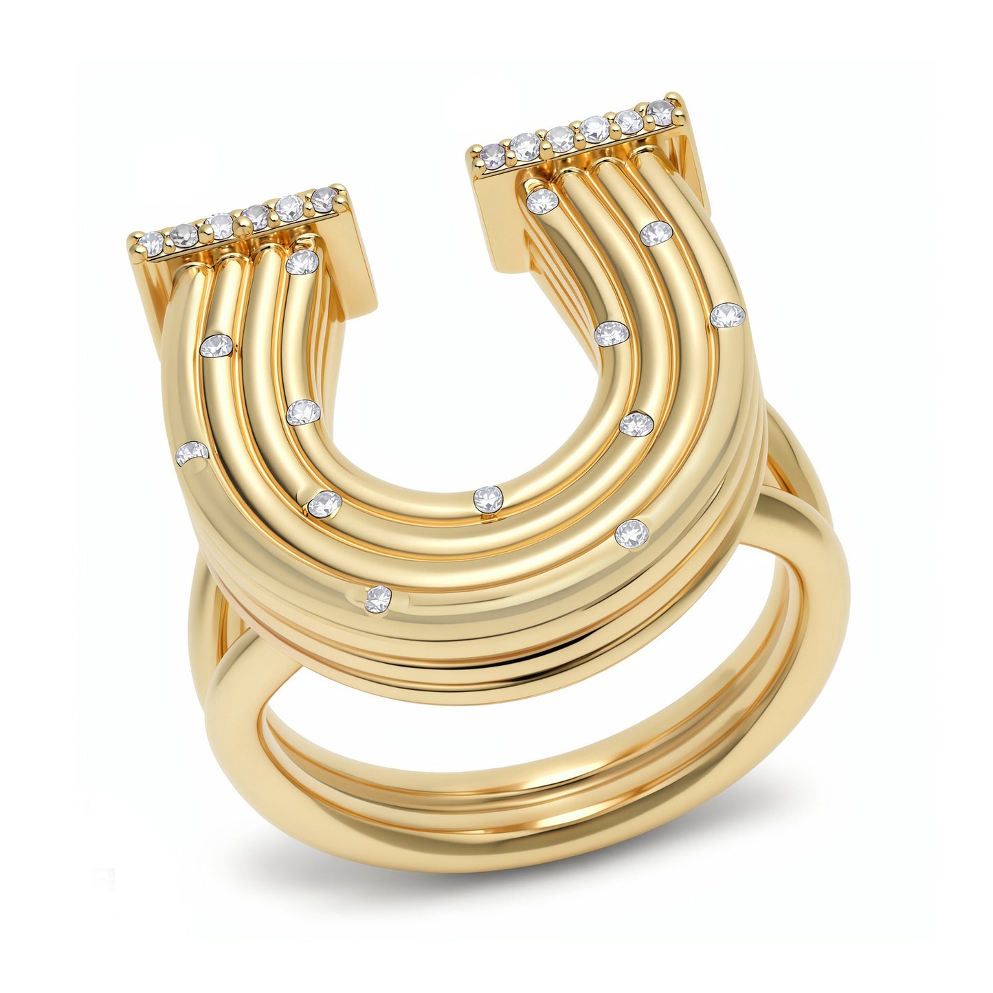 Sig Ward Jewelry 14k Gold horseshoe-shaped ring with embedded diamonds on a white background