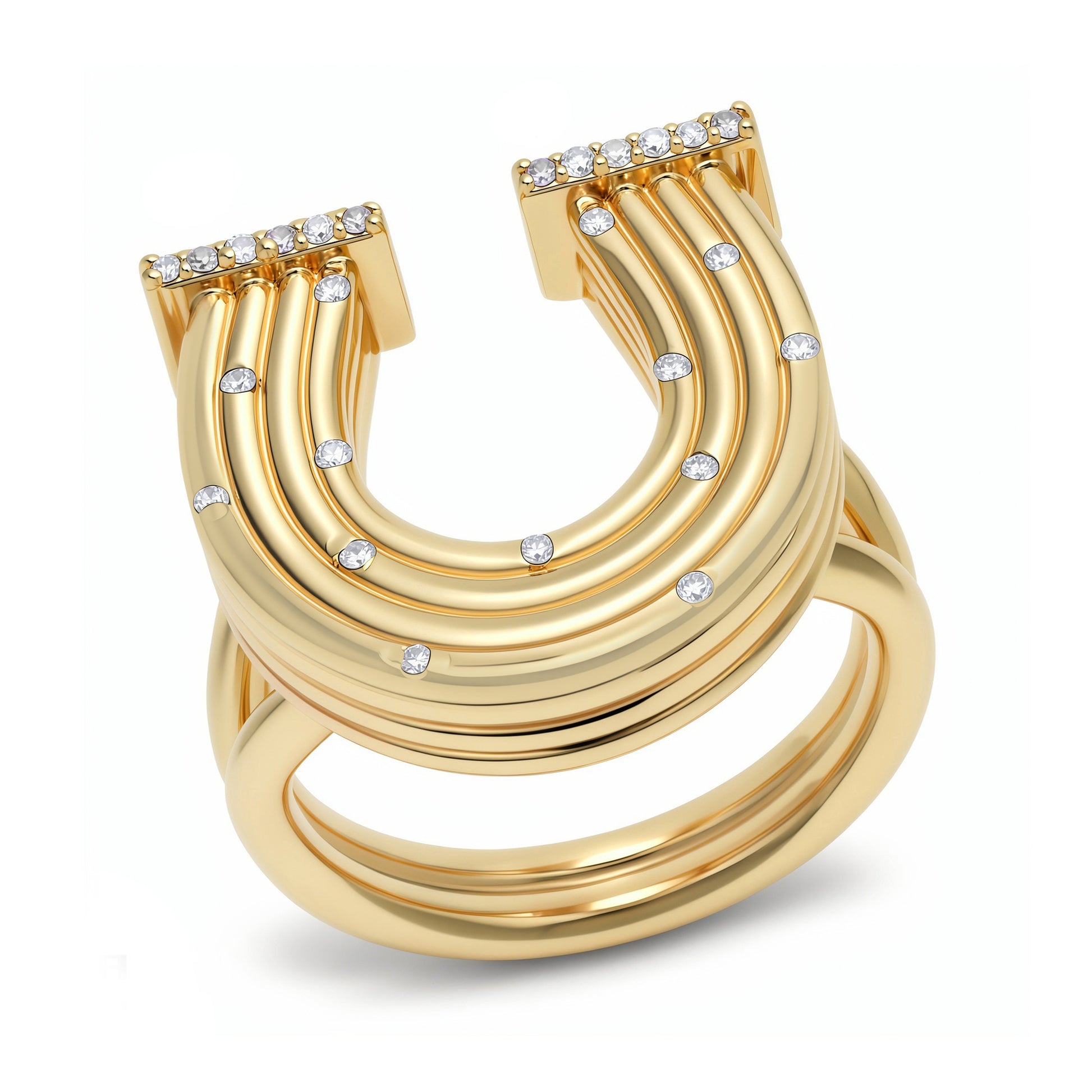 Sig Ward Jewelry 14k Gold horseshoe-shaped ring with embedded diamonds on a white background