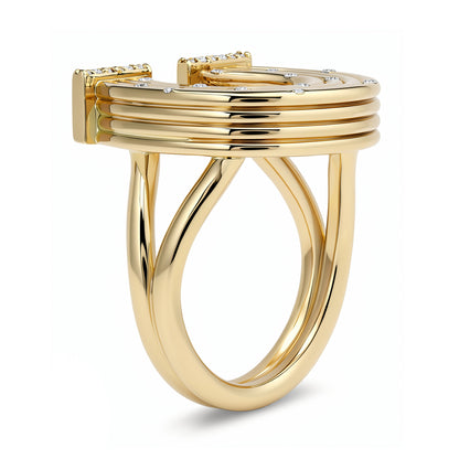 Sig Ward Jewelry 14K Yellow Gold Horseshoe ring with diamond on white background