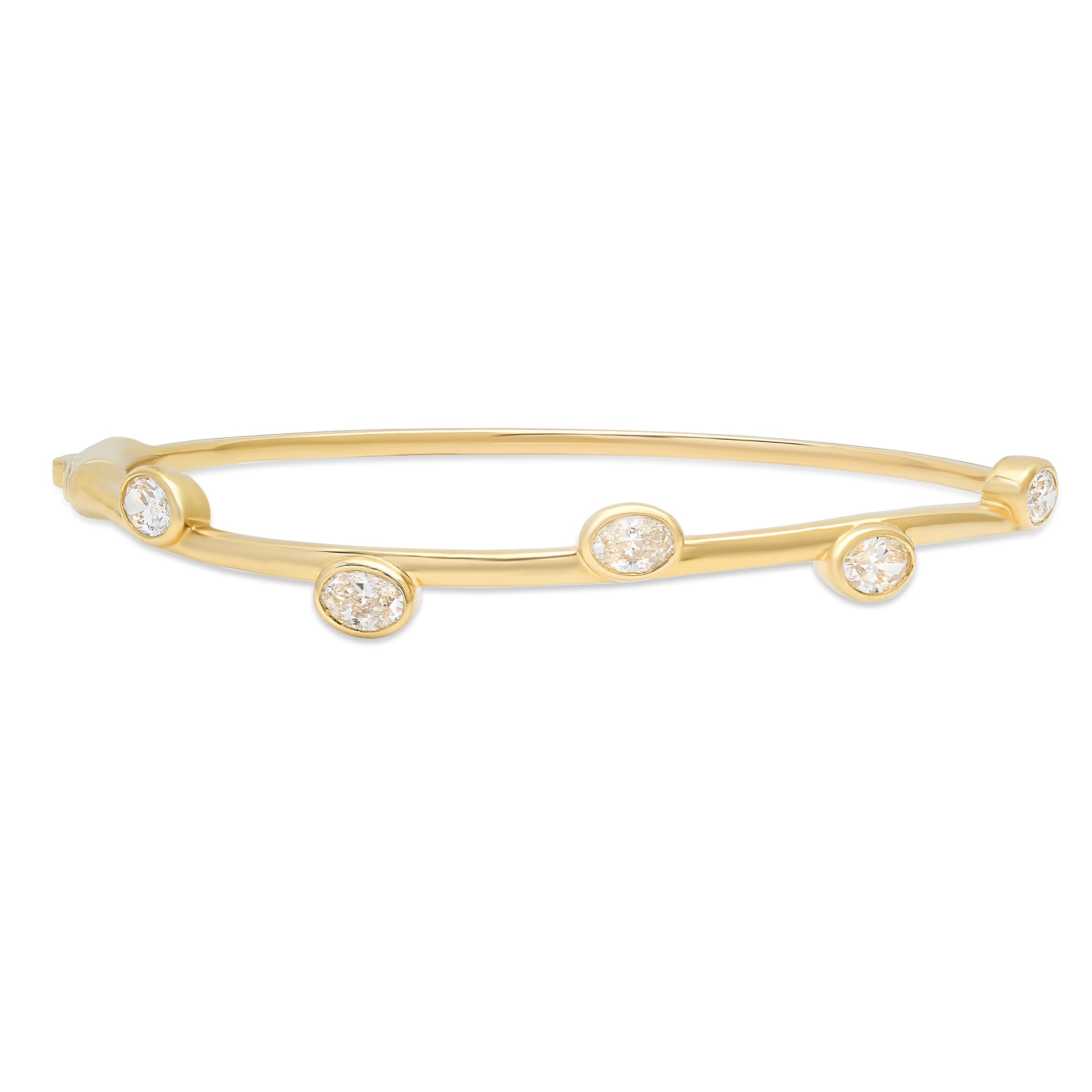 Close-up view of the Sig Ward Jewelry 14K Yellow Gold Rima Oval Diamond Bangle featuring an elegant oval motif accented with brilliant diamonds on a polished 14K yellow gold bangle for timeless sophistication.