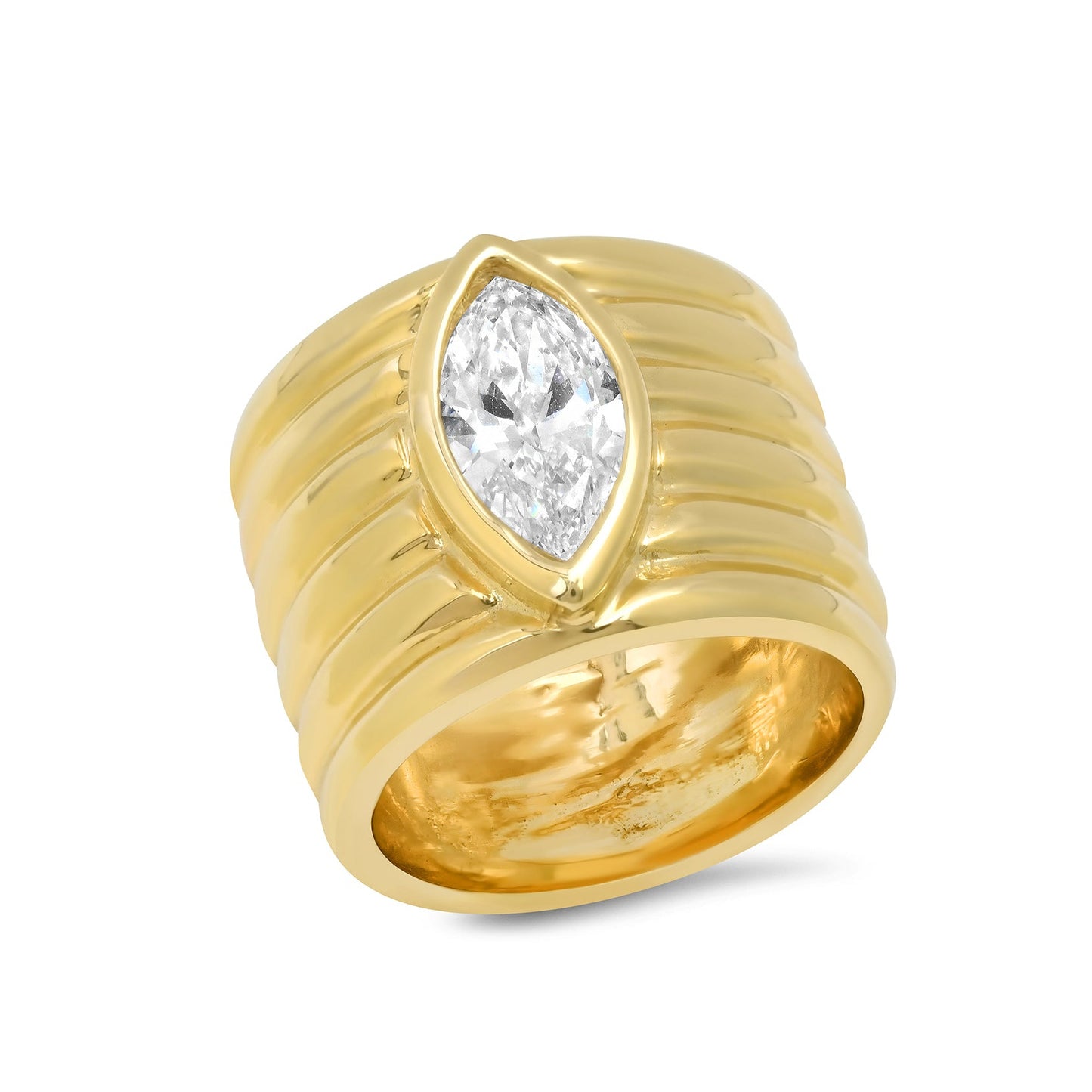 Front view of the Sig Ward Jewelry 14K Yellow Gold Romy Marquise Shape Cigar Band featuring a bold cigar band silhouette with an elegant marquise-shaped design in polished 14K yellow gold.
