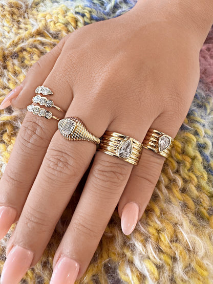 Sig Ward Jewelry 14K Yellow Gold Romy Pear Shape Cigar Band Ring on Model