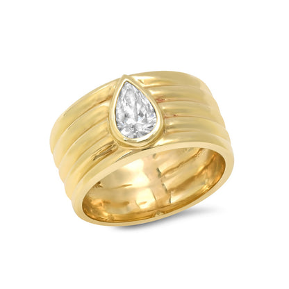 Front view of the Sig Ward Jewelry 14K Yellow Gold Romy Pear Shape Pinky Cigar Band featuring a bold polished 14K yellow gold cigar band with a pear-shaped design and a sleek contemporary profile.