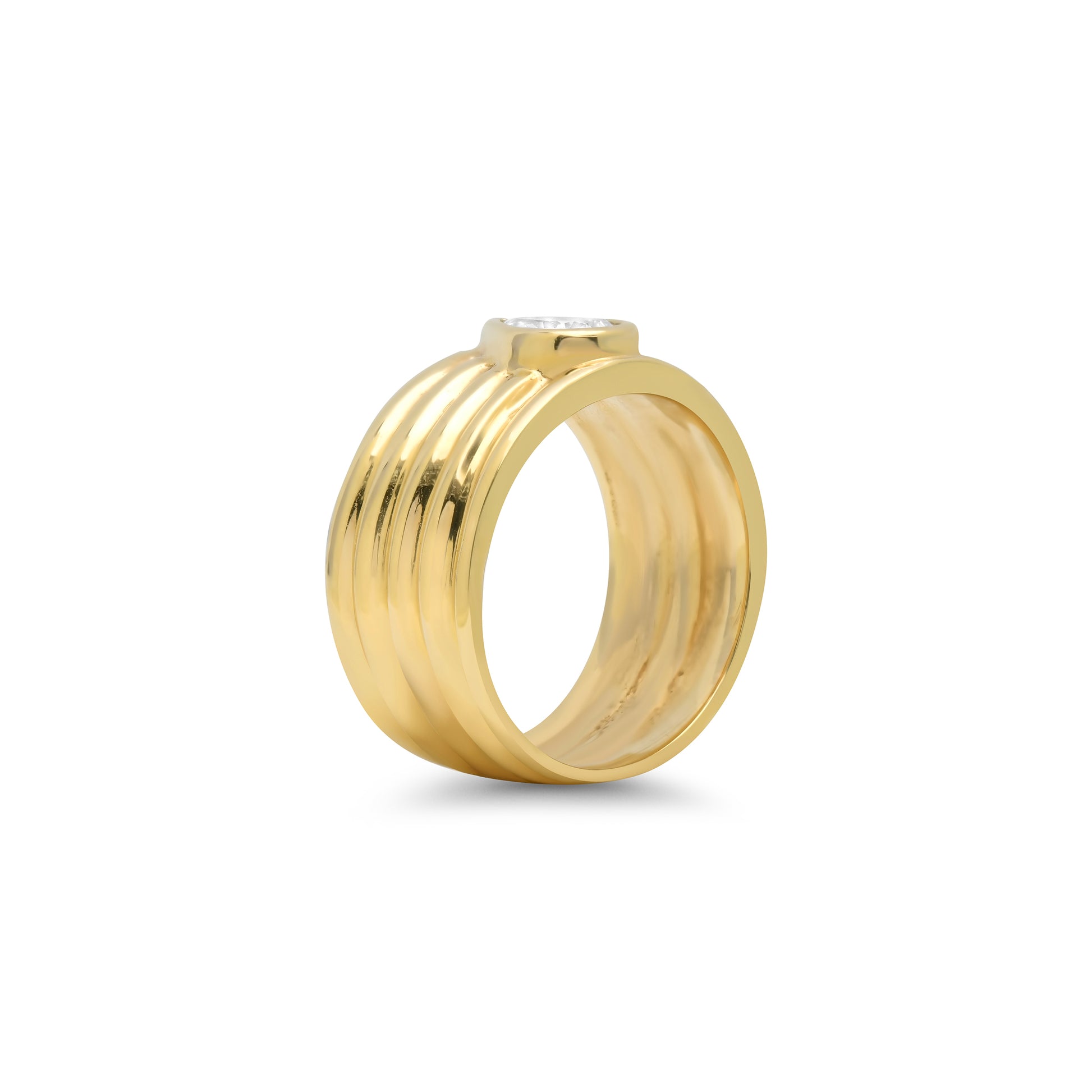 Side view of the Sig Ward Jewelry 14K Yellow Gold Romy Pear Shape Pinky Cigar Band featuring a bold polished 14K yellow gold cigar band with a pear-shaped design and a sleek contemporary profile.