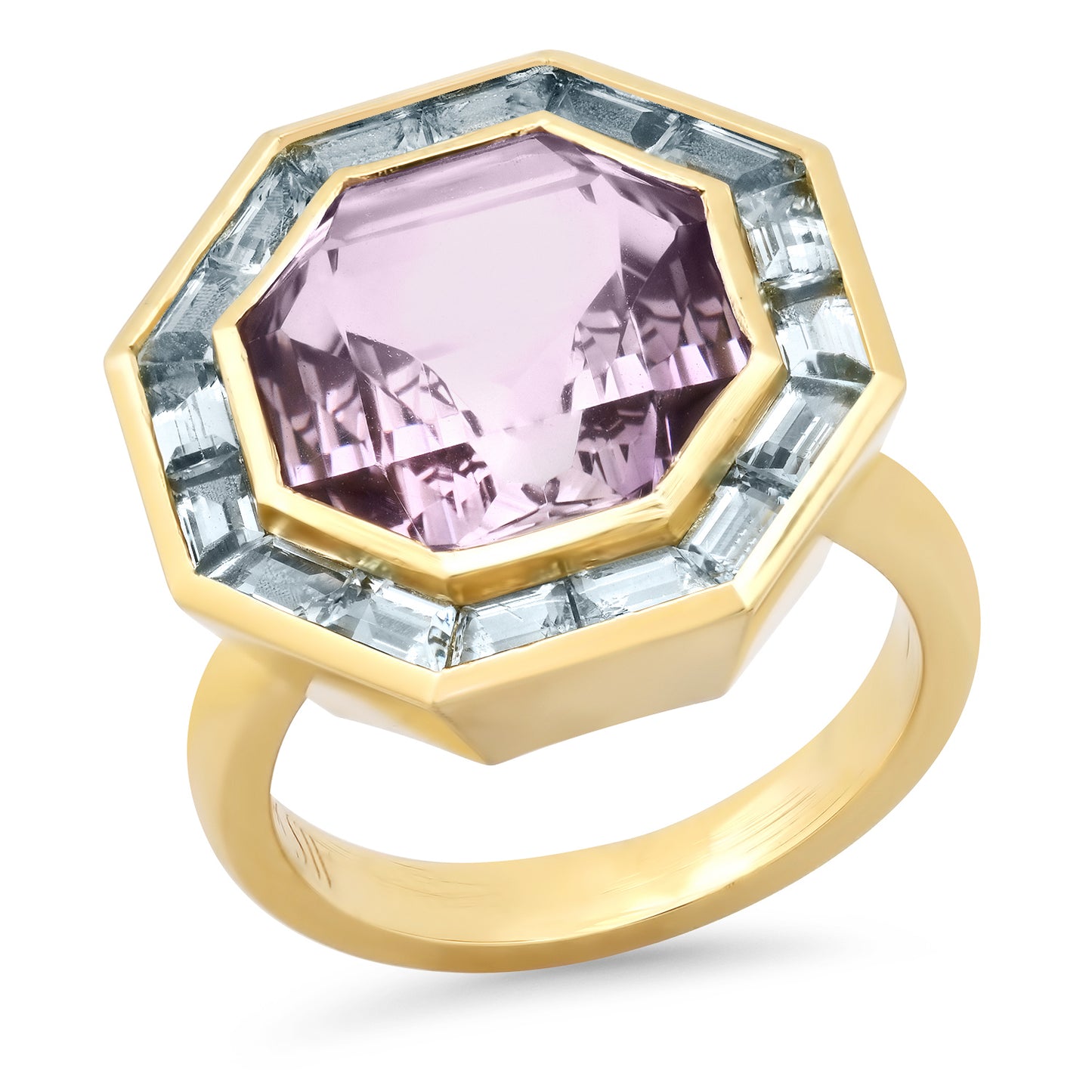 14K Yellow Gold Bia Ring Featuring Rose De France Amethyst And Aquamarine By Sig Ward Jewelry.