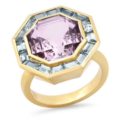 14K Yellow Gold Bia Ring Featuring Rose De France Amethyst And Aquamarine By Sig Ward Jewelry.
