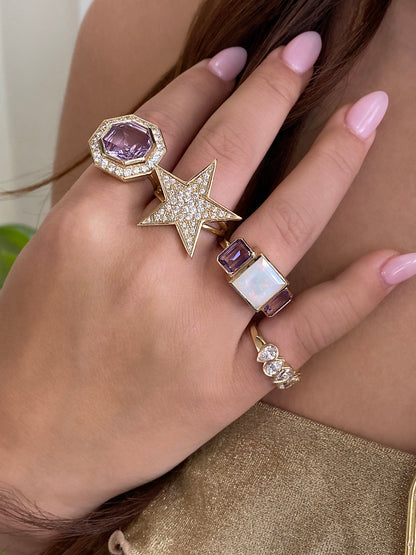 Sig Ward Jewelry 14K yellow gold Rose de France Amethyst and Diamond Bia Ring featuring a natural Rose de France amethyst and brilliant diamond accents, handcrafted luxury fine jewelry with a modern heirloom-inspired design.
