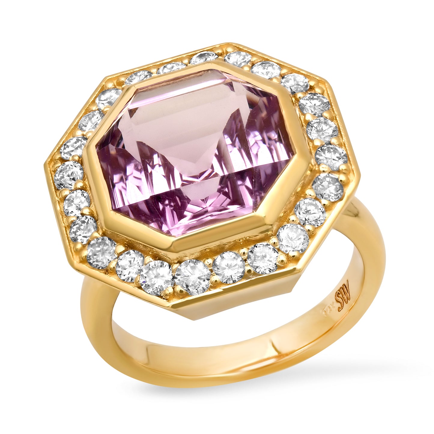 Sig Ward Jewelry 14K yellow gold Rose de France Amethyst and Diamond Bia Ring featuring a natural Rose de France amethyst center stone with brilliant diamond accents, handcrafted luxury fine jewelry with a timeless modern heirloom-inspired design.
