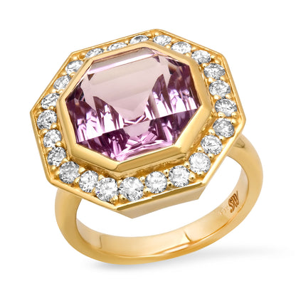 Sig Ward Jewelry 14K yellow gold Rose de France Amethyst and Diamond Bia Ring featuring a natural Rose de France amethyst center stone with brilliant diamond accents, handcrafted luxury fine jewelry with a timeless modern heirloom-inspired design.