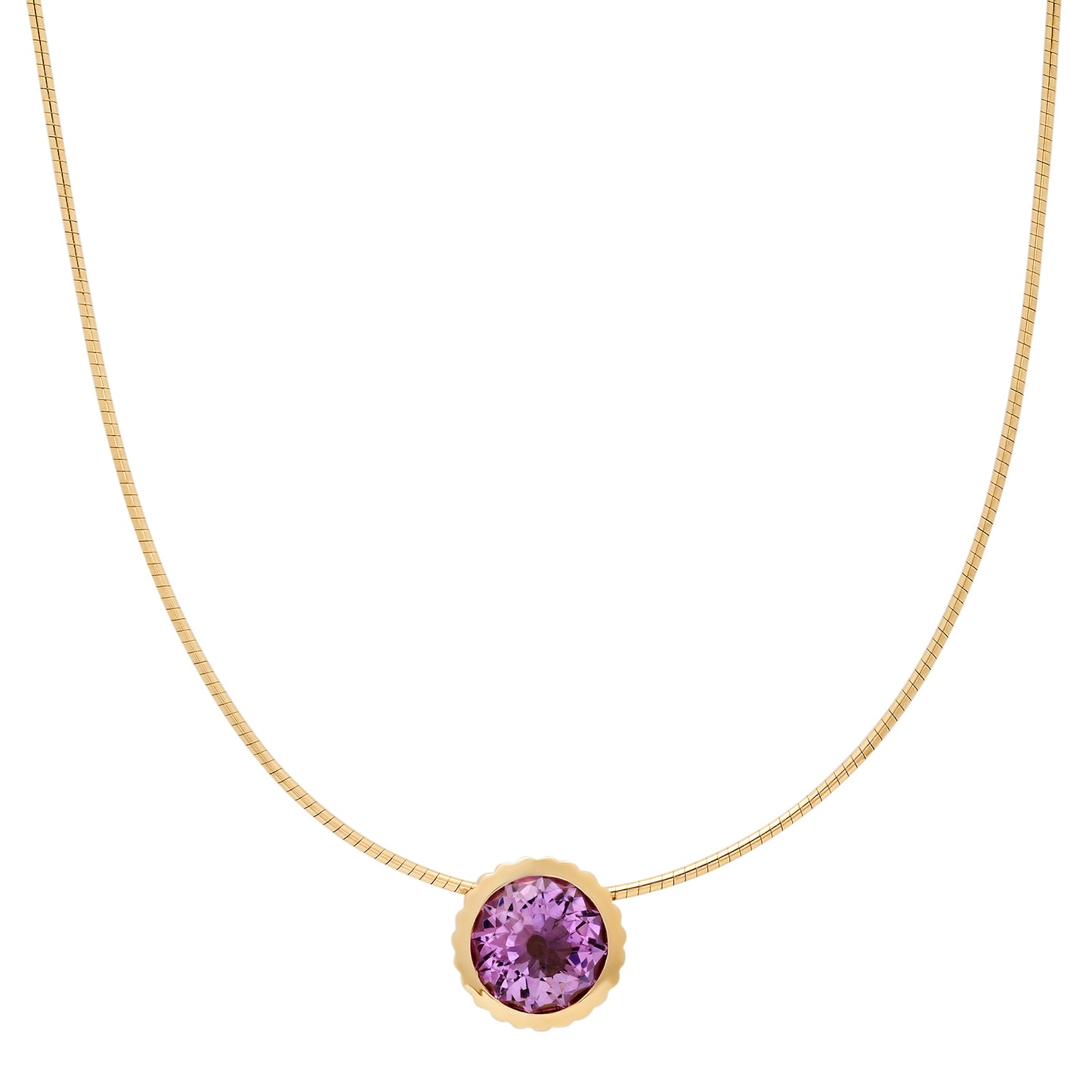 Sig Ward Jewelry 14K YG Round Amethyst Omega Necklace featuring a round amethyst gemstone set in polished yellow gold with a sleek omega necklace design for a luxurious statement look.