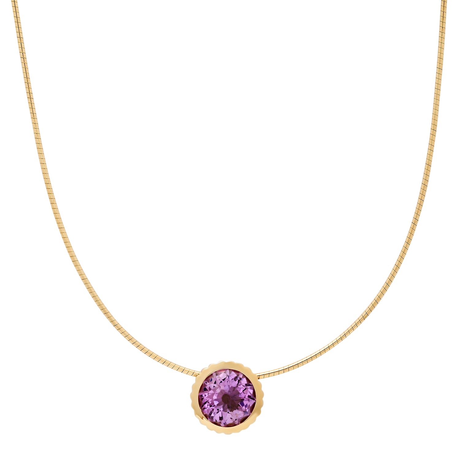Sig Ward Jewelry 14K YG Round Amethyst Omega Necklace featuring a round amethyst gemstone set in polished yellow gold with a sleek omega necklace design for a luxurious statement look.