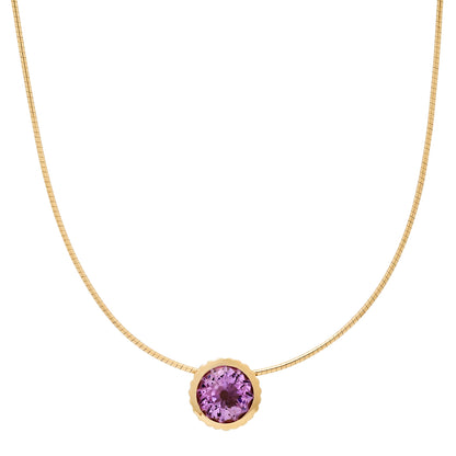 Sig Ward Jewelry 14K YG Round Amethyst Omega Necklace featuring a round amethyst gemstone set in polished yellow gold with a sleek omega necklace design for a luxurious statement look.
