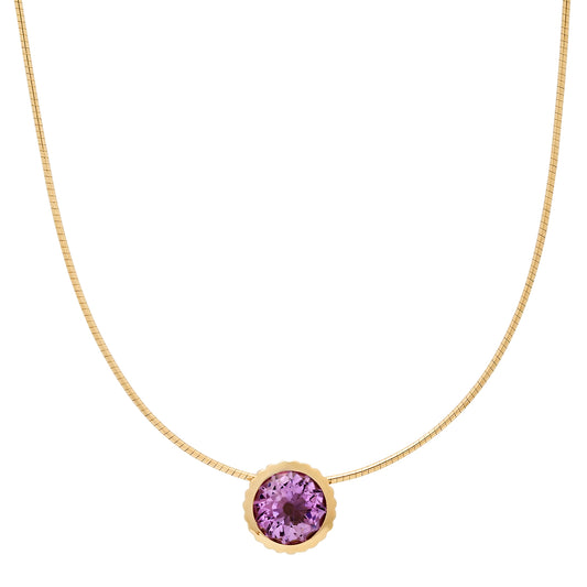 Sig Ward Jewelry 14K YG Round Amethyst Omega Necklace featuring a round amethyst gemstone set in polished yellow gold with a sleek omega necklace design for a luxurious statement look.