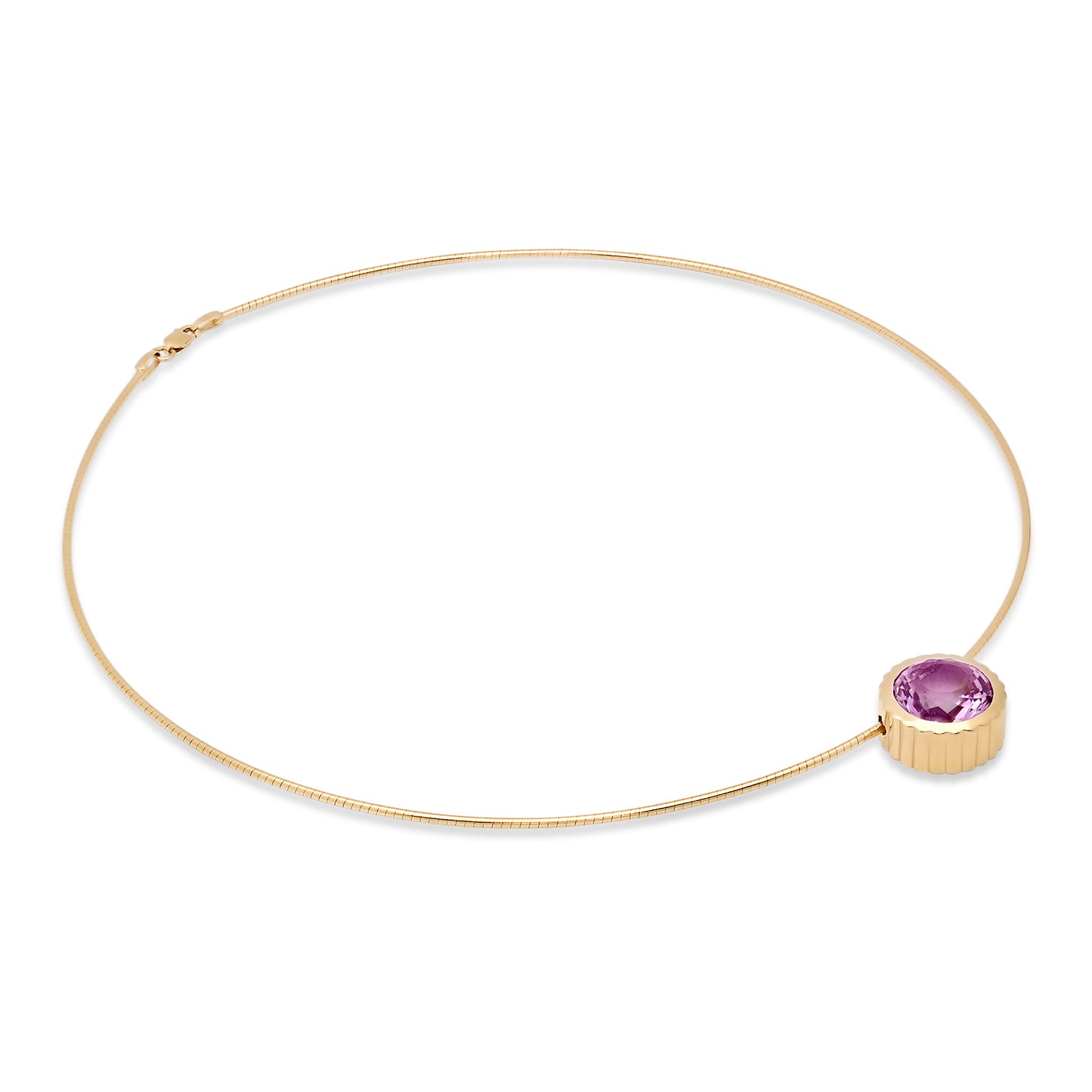 Sig Ward Jewelry 14K YG Round Amethyst Omega Necklace featuring a round amethyst gemstone set in polished yellow gold with a sleek omega necklace design for a luxurious statement look.