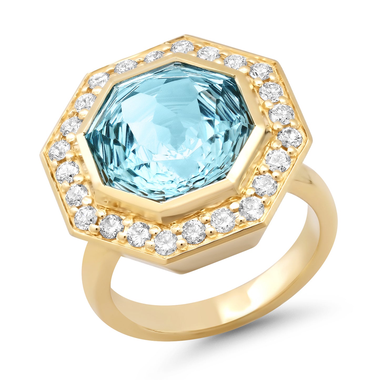 14K Yellow Gold Bia Ring Featuring Sky Blue Topaz And Diamond By Sig Ward Jewelry.