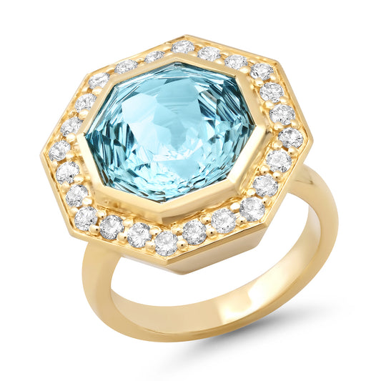 14K Yellow Gold Bia Ring Featuring Sky Blue Topaz And Diamond By Sig Ward Jewelry.