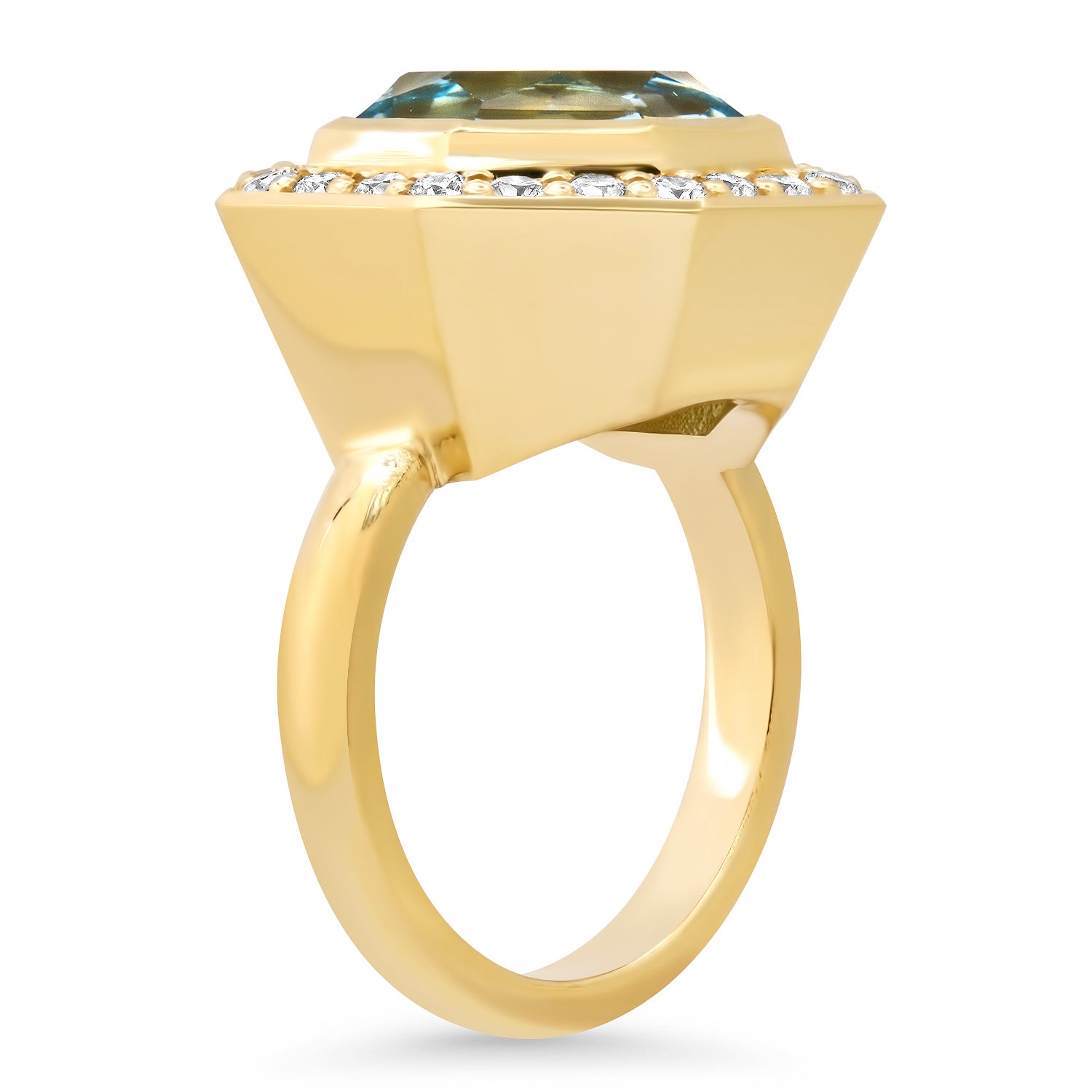 14K Yellow Gold Bia Ring Featuring Sky Blue Topaz And Diamond By Sig Ward Jewelry.