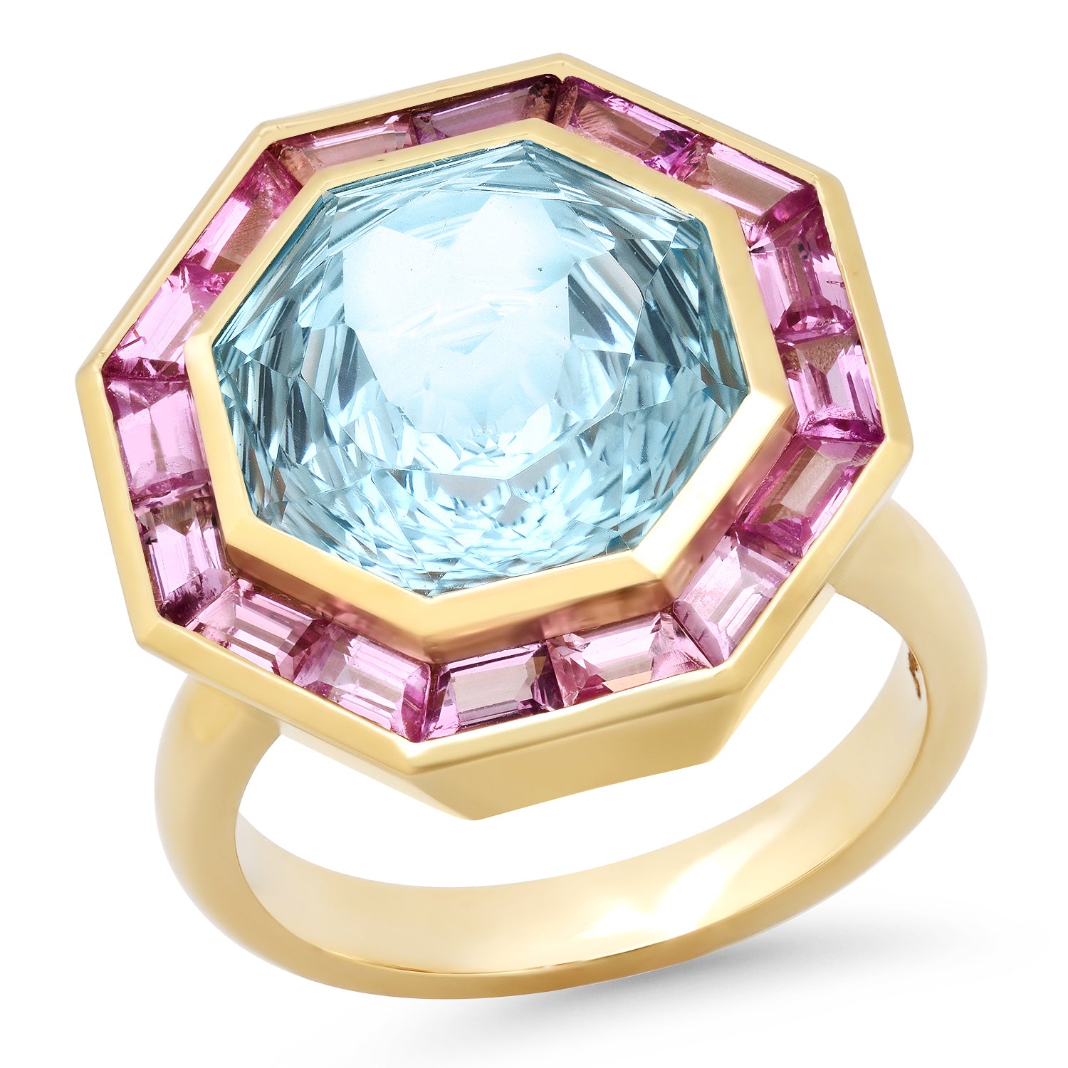 14K Yellow Gold Bia Ring Featuring Sky Blue Topaz And Pink Sapphire By Sig Ward Jewelry.