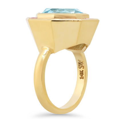 14K Yellow Gold Bia Ring Featuring Sky Blue Topaz And Pink Sapphire By Sig Ward Jewelry.