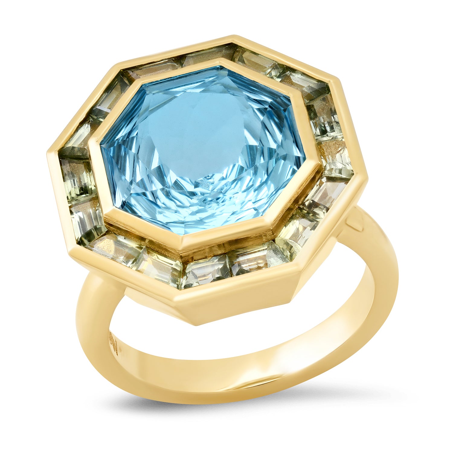 14K Yellow Gold Bia Ring Featuring Sky Blue Topaz And Tsavorite By Sig Ward Jewelry.