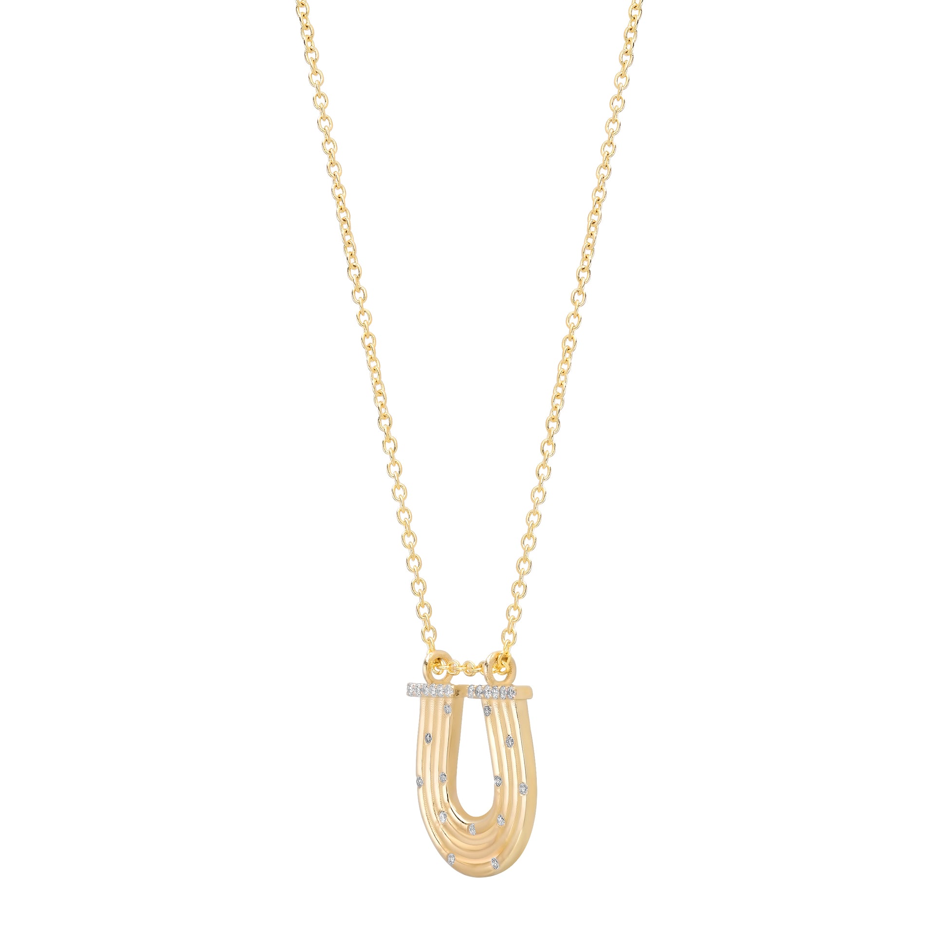 Close-up view of the 14K yellow gold Slim Reeded Diamond Horseshoe Necklace by Sig Ward Jewelry, highlighting natural diamond accents, refined reeded detailing, and the elegant horseshoe pendant craftsmanship.