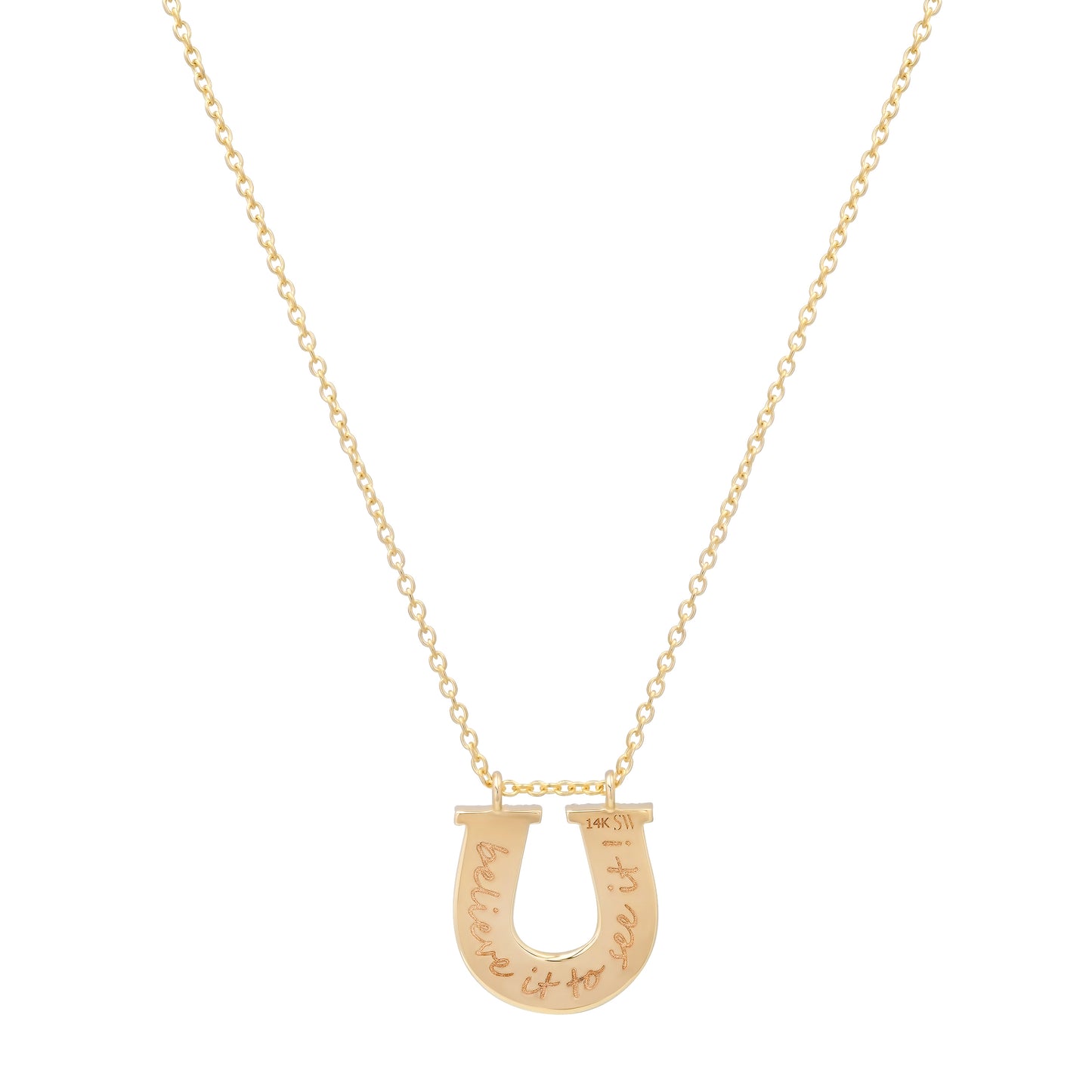 Close-up view of the 14K yellow gold Slim Reeded Diamond Horseshoe Necklace by Sig Ward Jewelry, showcasing natural diamond accents, fine reeded detailing, and an elegant horseshoe pendant design.