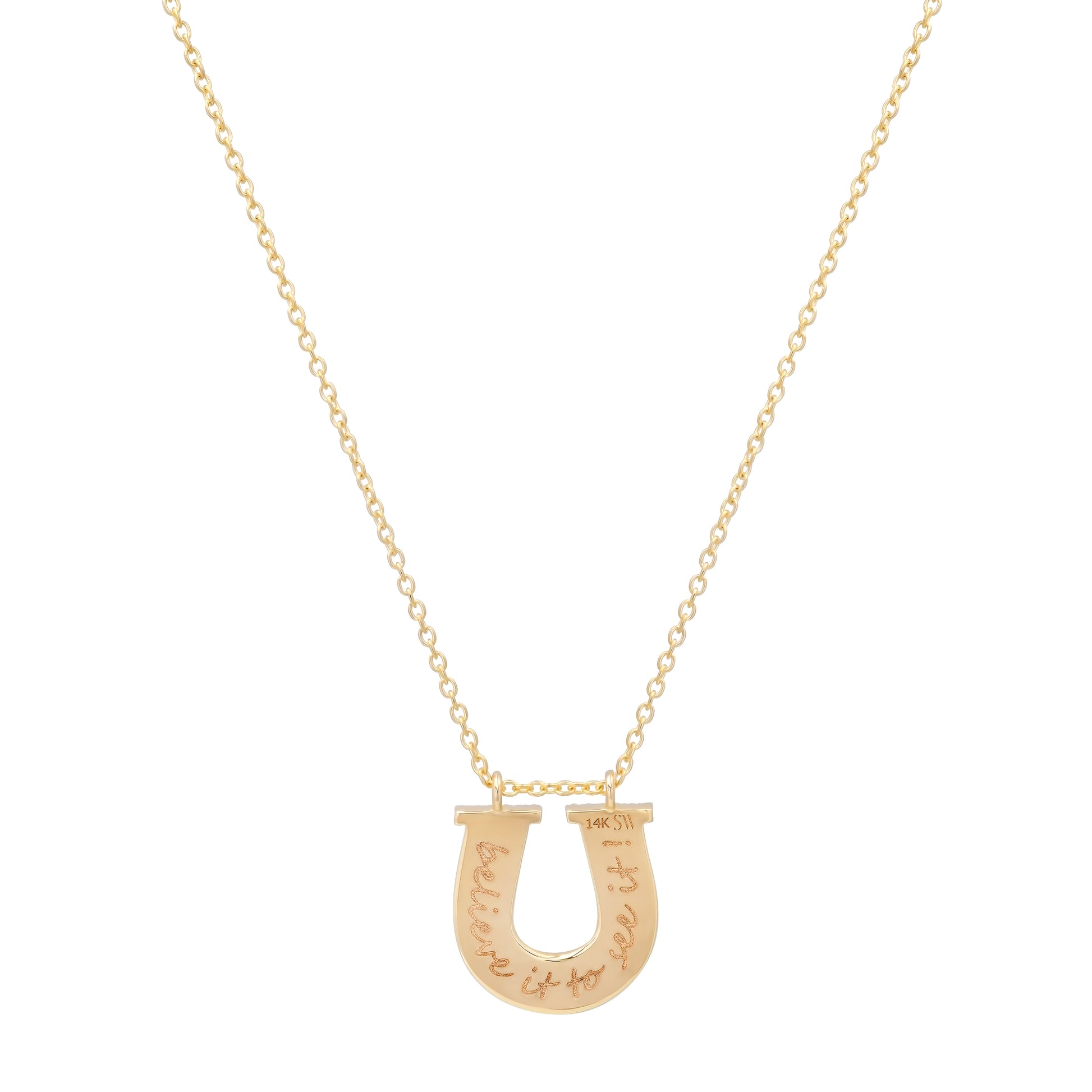 Close-up view of the 14K yellow gold Slim Reeded Diamond Horseshoe Necklace by Sig Ward Jewelry, showcasing natural diamond accents, fine reeded detailing, and an elegant horseshoe pendant design.