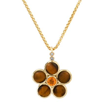 14K YG Tiger's Eye, Yellow Sapphire and Diamond Blossom Necklace by Sig Ward Jewelry lifestyle image showcasing the elegant luxury gemstone necklace design.