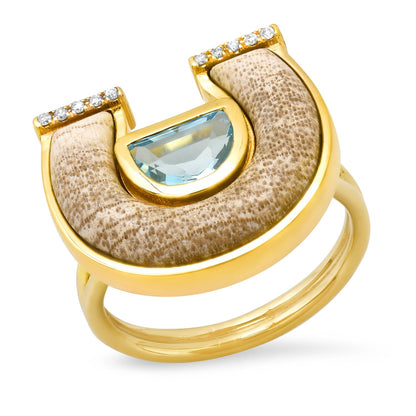 Front View of Sig Ward Jewelry 14K Yellow Gold Topaz, Petrified Wood and Diamond Horseshoe Ring
