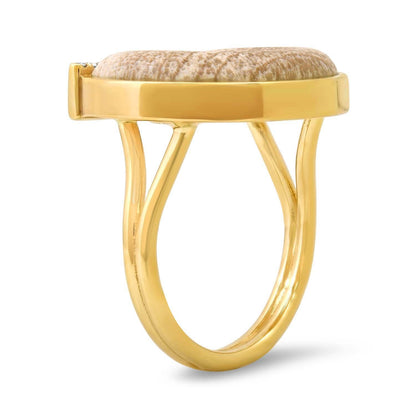 Side View of Sig Ward Jewelry 14K Yellow Gold Topaz, Petrified Wood and Diamond Horseshoe Ring