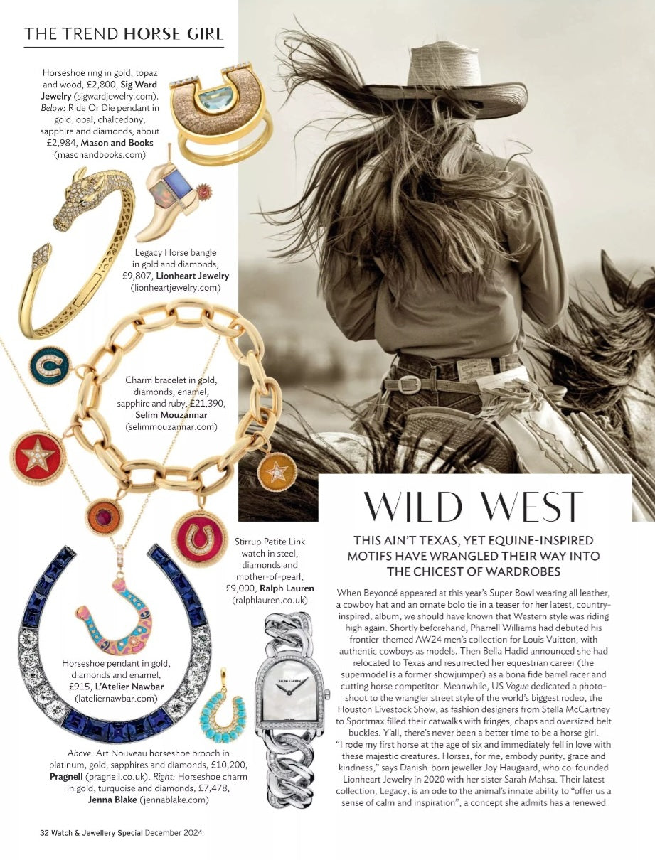 Sig Ward Jewelry 14K YG Topaz, Petrified Wood and Diamond Horseshoe Ring featured in The Trend Horse Girl editorial, showcasing topaz, petrified wood, and diamond accents in a luxurious yellow gold horseshoe design.