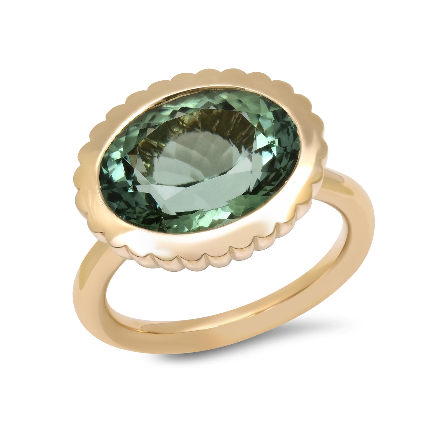 Front view of the 14K yellow gold Tourmaline Omega Ring by Sig Ward Jewelry, featuring a vibrant natural tourmaline in a modern sculptural design.