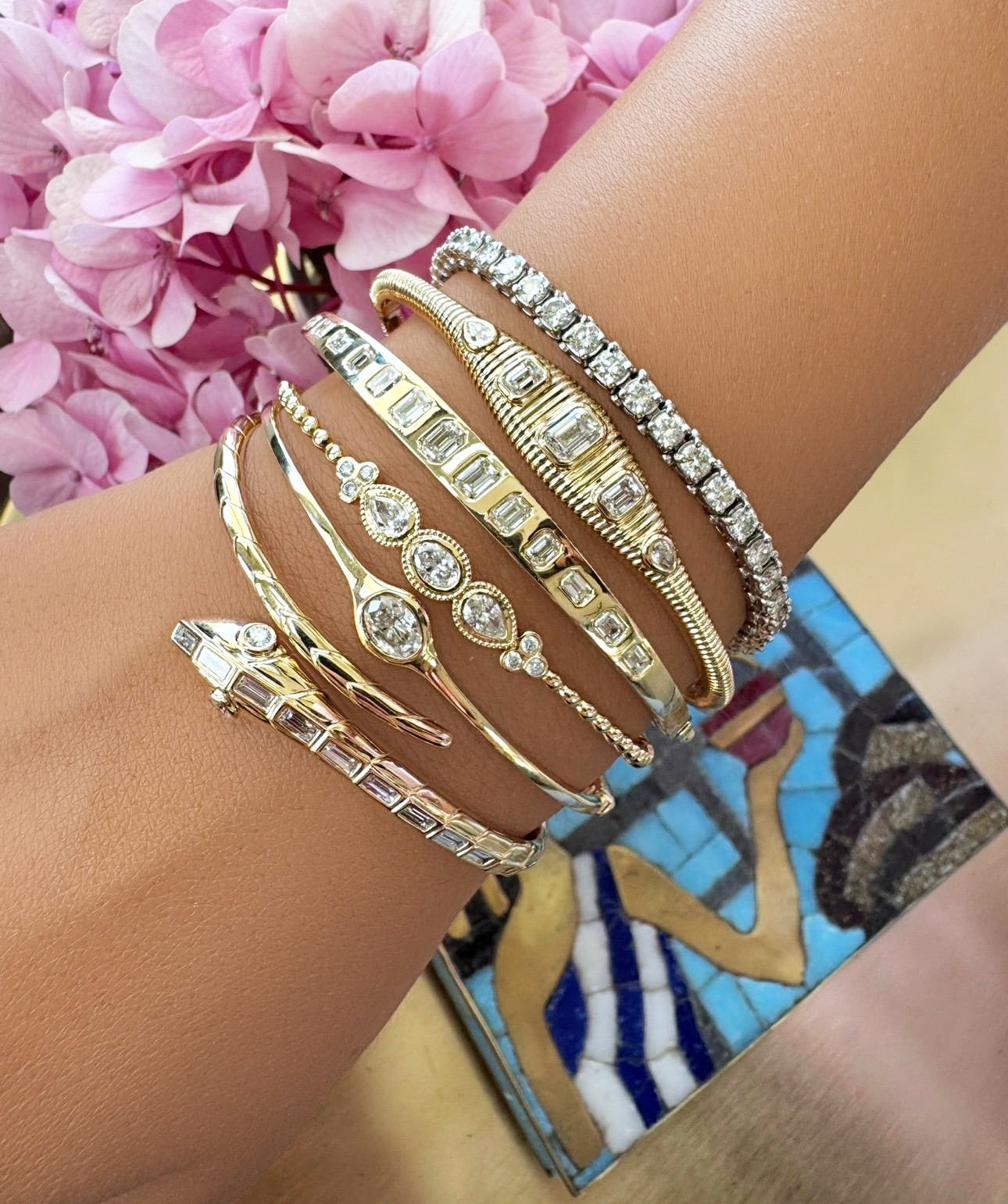 Sig Ward Jewelry 14K Yellow Gold Trina Oval with Pear Shape Diamond, Snake Bangle on model