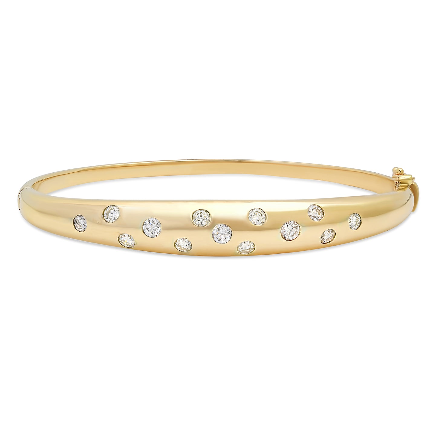 Close-up view of the Sig Ward Jewelry 14K Yellow Gold Wide Gypsy Set Diamond Bangle showcasing flush-set brilliant diamonds in a polished wide 14K yellow gold bangle with a sleek, timeless design.