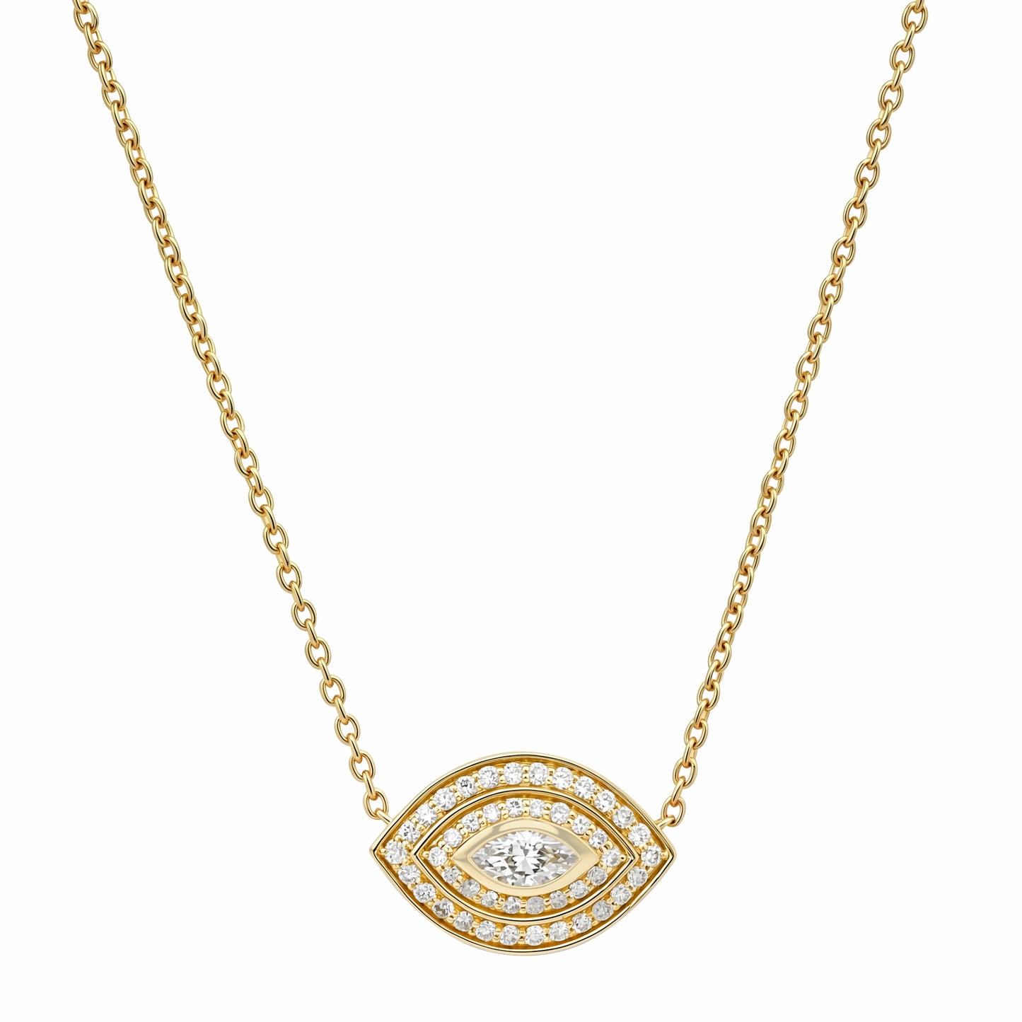 Sig Ward Jewelry 14K Yellow Gold Evil Eye Marquise Necklace With Diamond on white background
