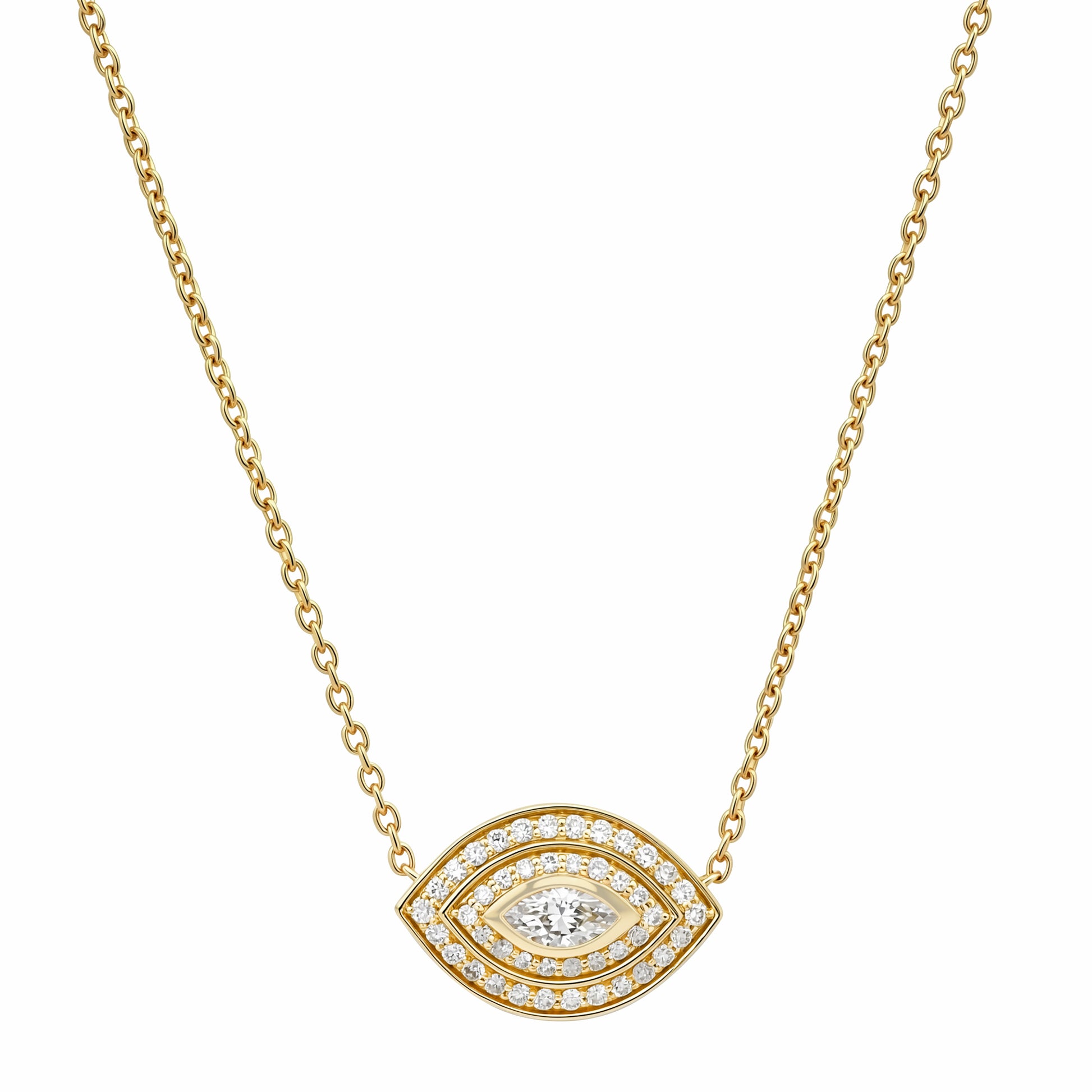 Sig Ward Jewelry 14K Yellow Gold Evil Eye Marquise Necklace With Diamond on white background