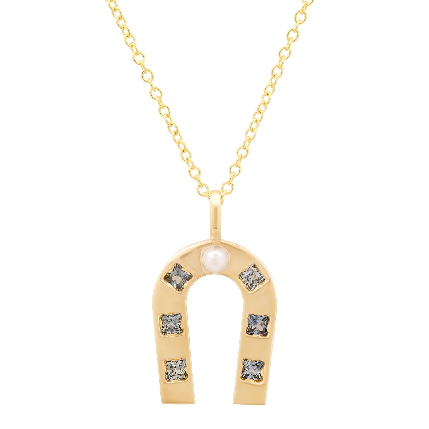 14K Yellow Gold Horseshoe Necklace Featuring Fresh Water Pearl And Blue Sapphire By Sig Ward Jewelry.