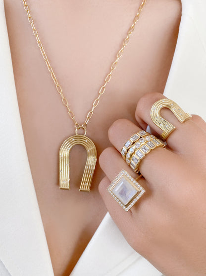 Sig Ward Jewelry 14K Yellow Gold and with Diamond Reeded Horseshoe Necklace